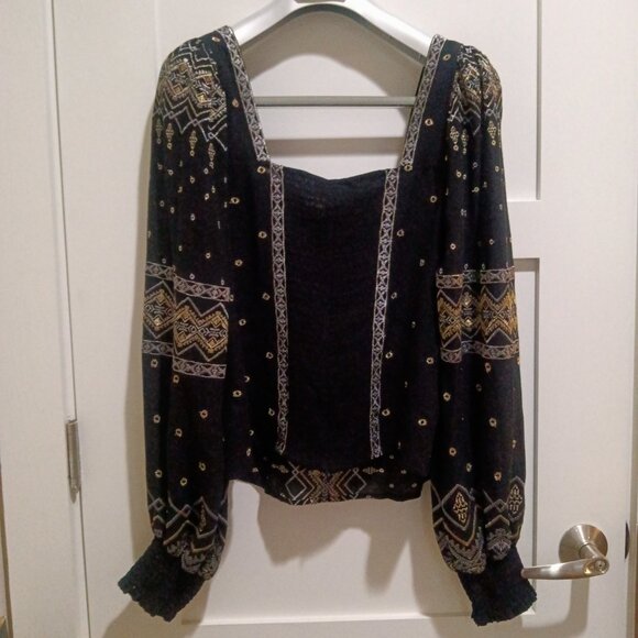 HALE BOB Black Embroidered Gold Silver Square Neck Grecian Peasant Blouse - Picture 4 of 10